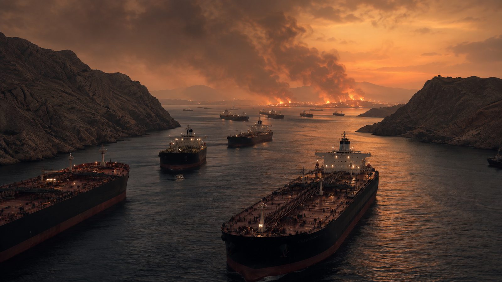 Oil tankers idling in a narrow strait between barren cliffs at dusk, fires and smoke rising from the far shore.