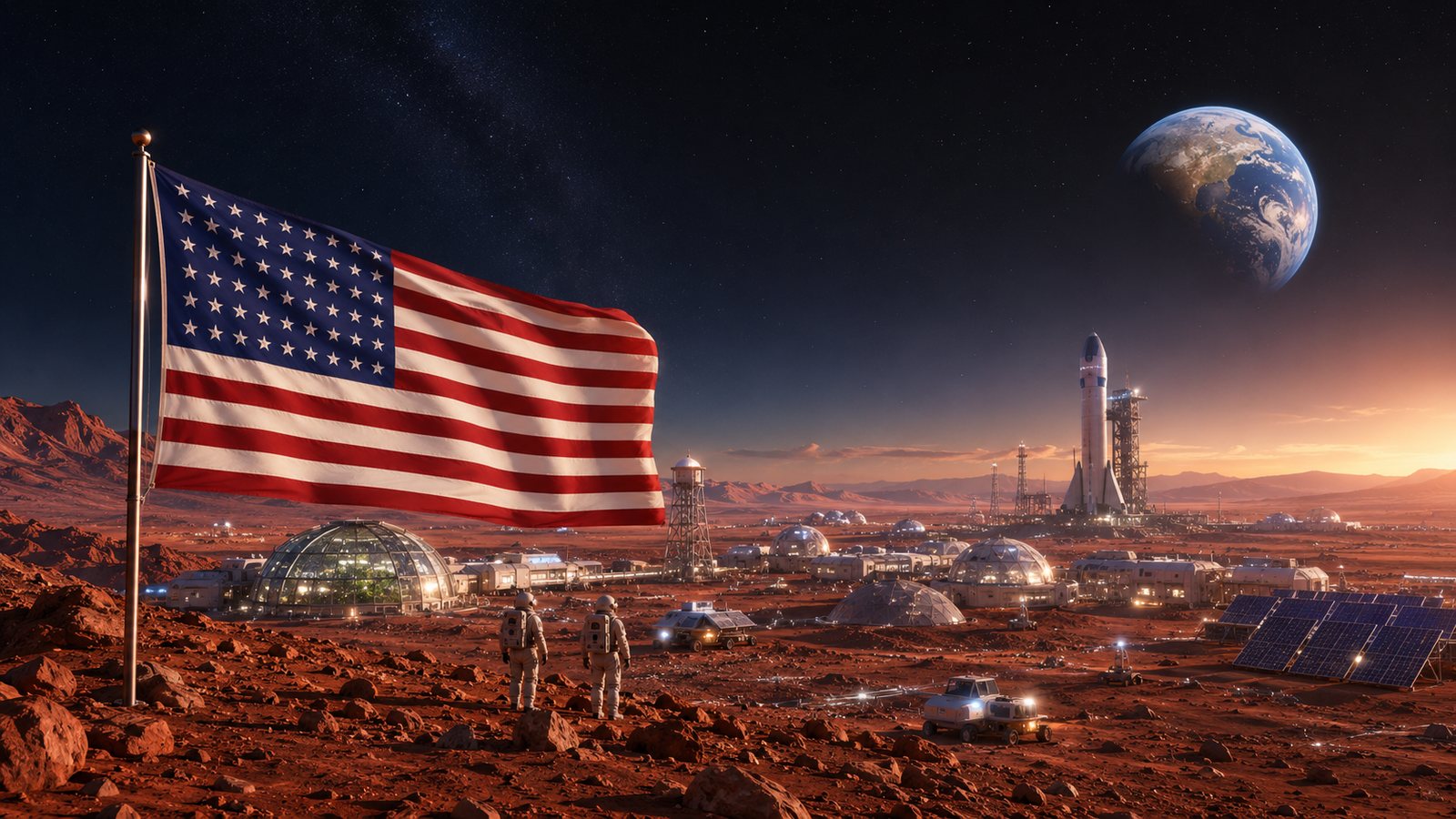 An American flag on Mars at dusk, astronauts looking out over a lit settlement, Earth low in the sky.