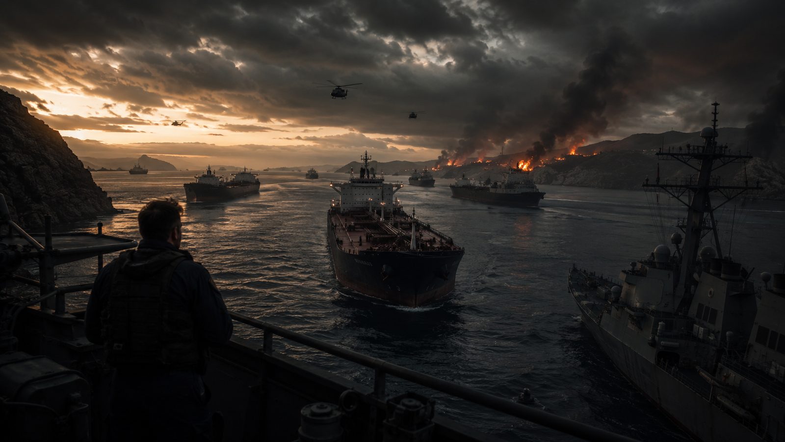 A sailor on a warship watching escorted tankers move through a strait at dusk, helicopters overhead and fires burning along the far shore.